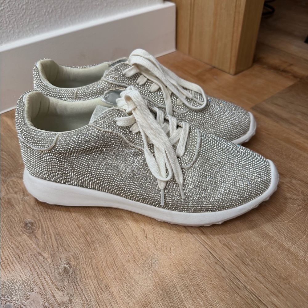 David's Bridal Crystal-Embellished Silver Lace-Up Sneakers